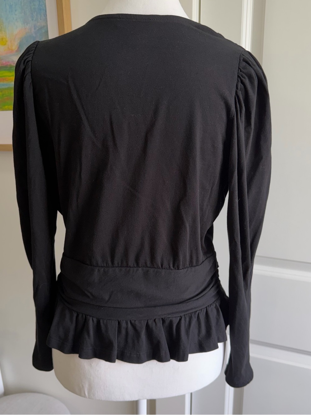 Banana Republic Black Wrap Top Petite M Long Sleeve Ruffle Hem Peplum Blouse PM - Picture 6 of 9